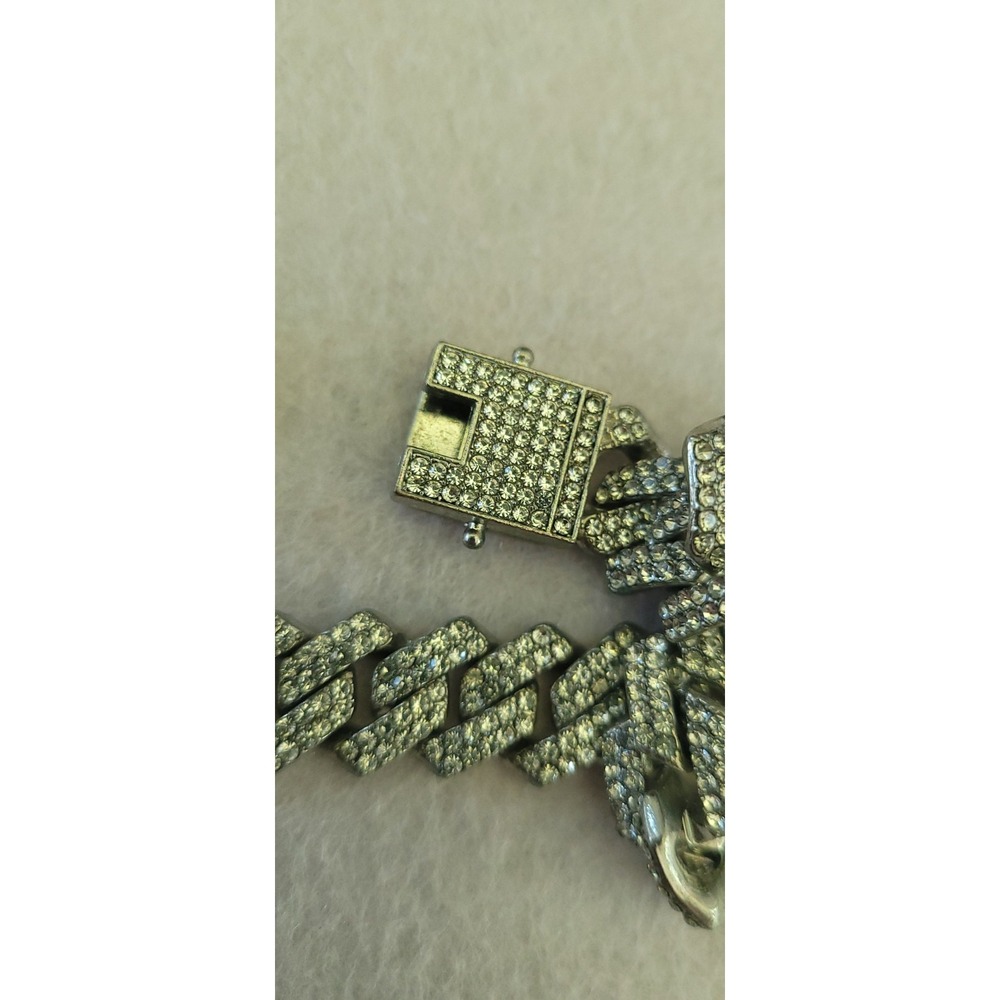 Vintage Rhinestone Curb Chain Choker Necklace Silver Tone 14in Statement Flaw - Picture 3 of 11